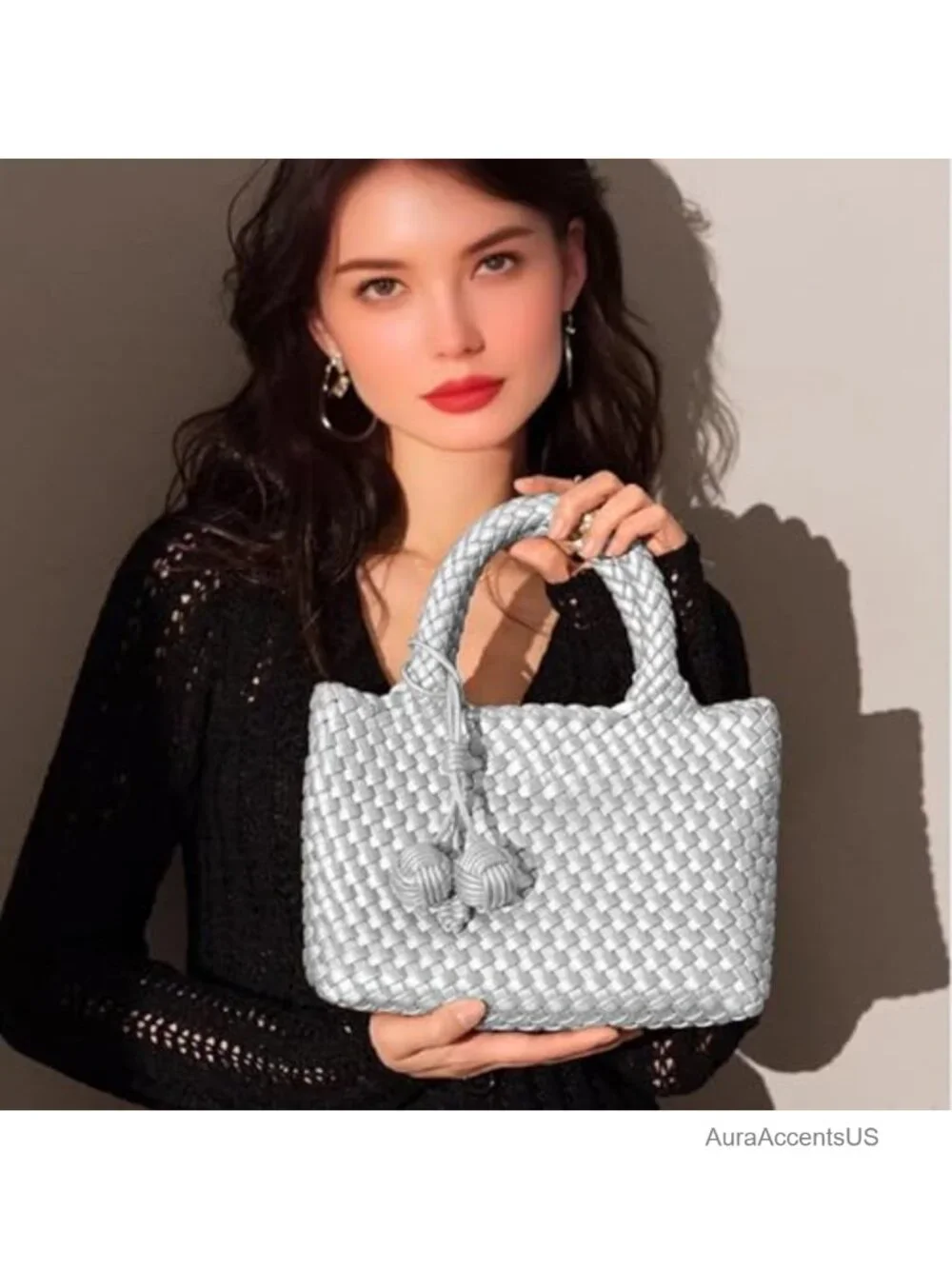 Faux Leather Woven Tote Bag with Coin Purse, Foldable Crossbody Handbag